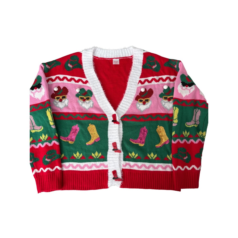 Holiday Time Western Ugly Christmas Sweater Cardigan Santa Cowboy Boots L 12-14